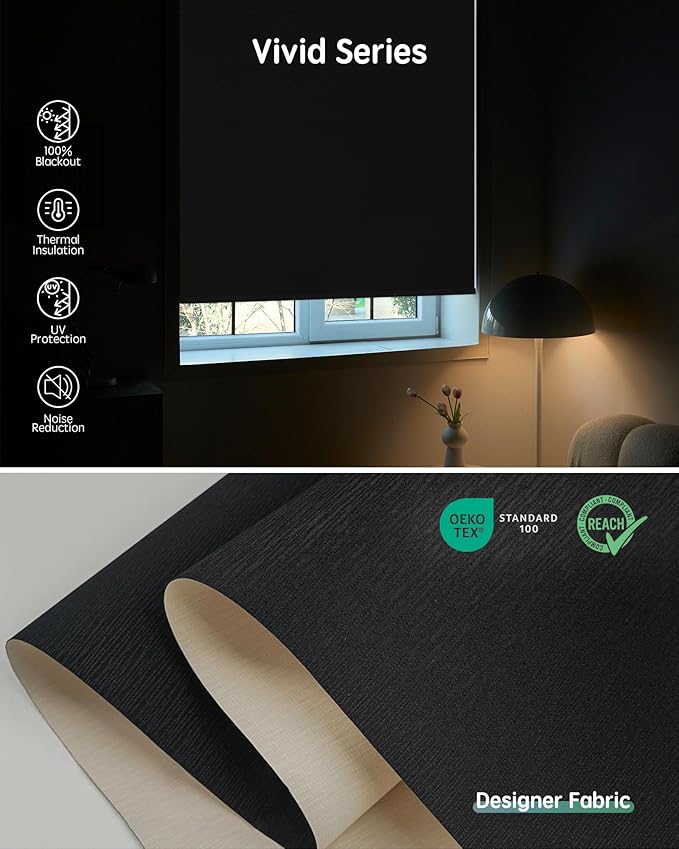 Yoolax Motorized Blinds with Remote, Designer Smart Blinds Work with Alexa, Google, Apple Homekit, 100% Blackout Motorized Shades Custom Electric Shades Voice Control (V-Midnight Stripe)