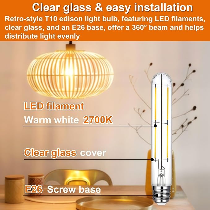 Vinaco 7.3 Inch E26 T10 Tube Bulb Dimmable, 2 Pack T10 Tubular Bulb LED 6W Equal. 60W Warm White 2700k, Clear Glass T10/T30 LED Edison Bulb for Sconce, Floor Lamp, Tall Island Pendant Lamp