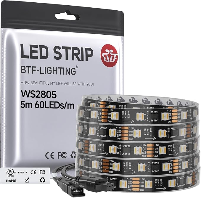BTF-LIGHTING WS2805 IC RGBCCT UL Listed 16.4FT 60LED/m 20Pixel/m DC12V IP67 | Addressable Dual Data LED Strip 5050SMD 5 Colors in 1 Chasing Color RGB+CCT 3000K-6500K(No Adapter or Controller)