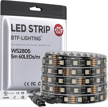 BTF-LIGHTING WS2805 IC RGBCCT UL Listed 16.4FT 60LED/m 20Pixel/m DC12V IP67 | Addressable Dual Data LED Strip 5050SMD 5 Colors in 1 Chasing Color RGB+CCT 3000K-6500K(No Adapter or Controller)