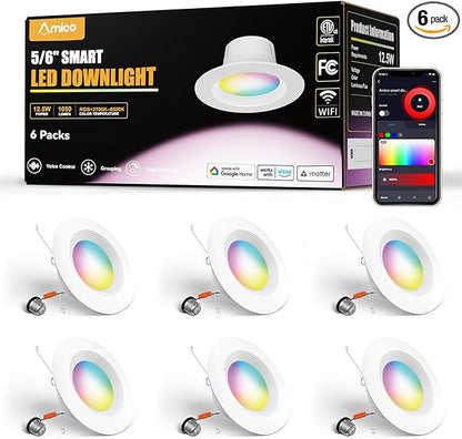 Amico 6 Pack 5/6 Inch Smart WiFi LED Recessed Can Lights, RGBCW Color Changing Retrofit Recessed Lighting, Baffle Trim, APP Control, Dimmer Compatible, 12W=110W 1100LM, IC & ETL