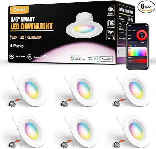 Amico 6 Pack 5/6 Inch Smart WiFi LED Recessed Can Lights, RGBCW Color Changing Retrofit Recessed Lighting, Baffle Trim, APP Control, Dimmer Compatible, 12W=110W 1100LM, IC & ETL