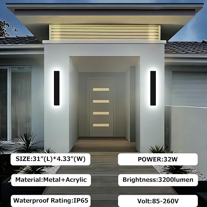 31inch Modern Outdoor Wall Light,Dimmable 3000K-6000K Linear Outdoor Wall Sconce Waterproof Ip65,Black LED Long Exterior Lights for Garage Exterior Wall Mount Lights