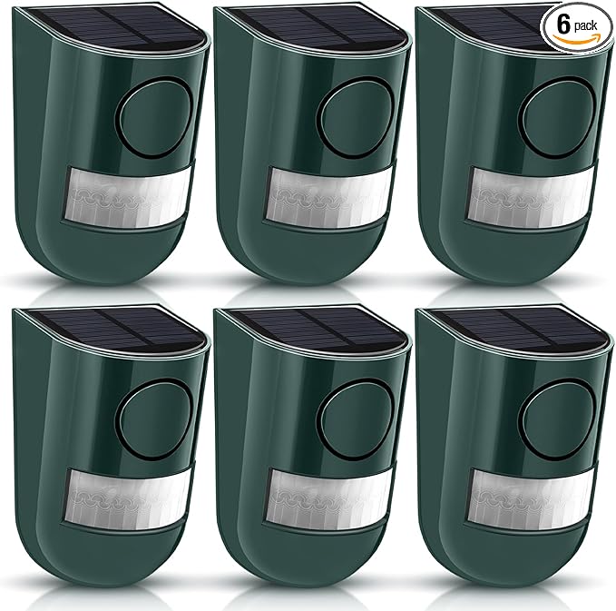 Qualirey Solar Sound and Light Alarm Motion Sensor 129db Outdoor Security Siren Waterproof Activated Detector Driveway Alarm 6 LEDs Flash Warning Deterrent Strobe System for Home, Farm(Green,6 Pack)