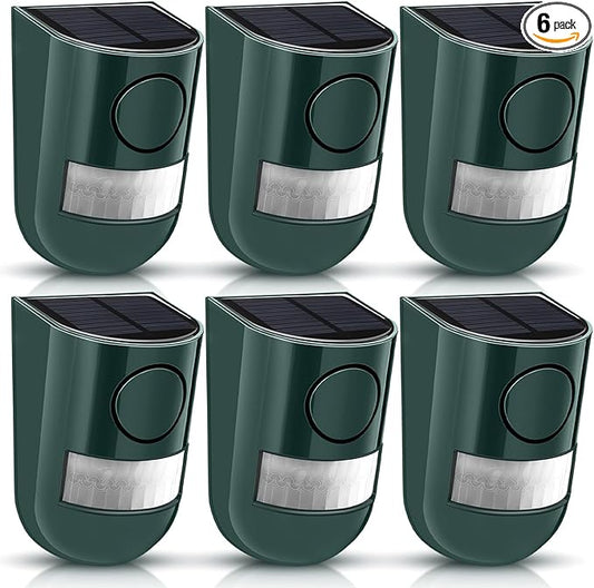 Qualirey Solar Sound and Light Alarm Motion Sensor 129db Outdoor Security Siren Waterproof Activated Detector Driveway Alarm 6 LEDs Flash Warning Deterrent Strobe System for Home, Farm(Green,6 Pack)