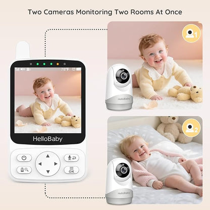 HelloBaby Baby Monitor with 2 Cameras Remote PTZ,4" IPS Screen,29H Battery,1000ft Range,No WiFi Secure Connection, Night Vision, VOX Audio & 8 Lullabies for Newborns, Nurseries & Travel