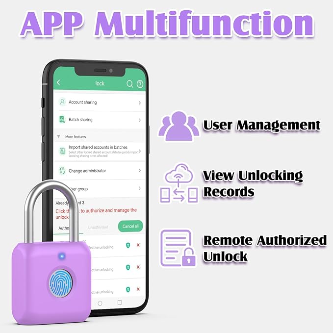 Pothunder Fingerprint Padlock, Smart Padlock, Locker Lock, Combination Fingerprint Lock with APP Unlock, USB Rechargeable, Suitable for Gym Locker(Lavender Purple)
