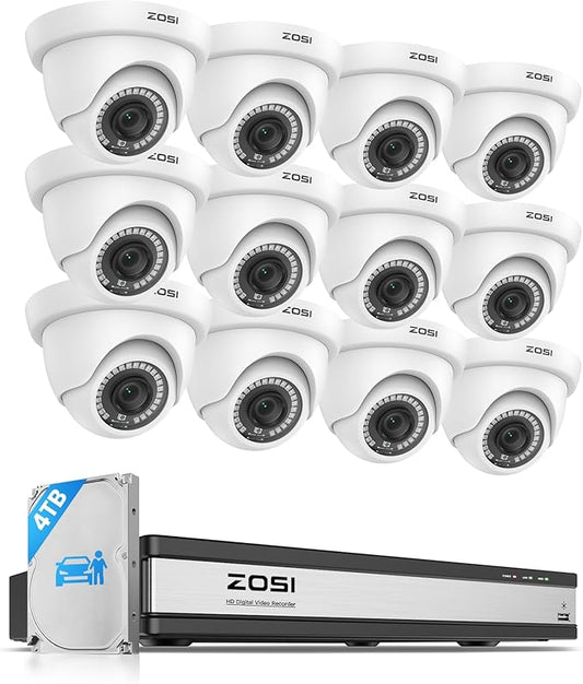 ZOSI 1080p 16 Channel Security Camera System with AI Human Vehicle Detect, H.265+ 16CH CCTV DVR and 12 x 1080p Dome Camera Outdoor Indoor, 80ft Night Vision, 105° View Angle, Alert Push, 4TB HDD