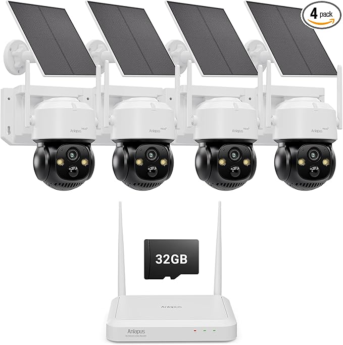 Anlapus Solar Security Camera Wireless Outdoor, 2.5K Pan/Tilt 4-Cam Kit with Solar Panel, Wireless Home Security Camera System with PIR/AI Detect, Color Night Vision, No Monthly Fee, 32GB Memory Card