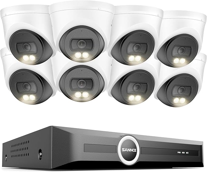 SANNCE 2K 3MP PoE Security Camera System - 8CH 6MP NVR with 8PCS 3MP HD Clear Full Color Night Vision Dome Surveillance Cameras, IP67 Weatherproof, Audio Recording (Without HDD)