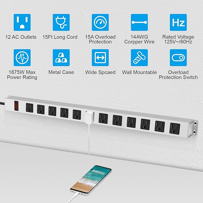 JUNNUJ Metal 12 Outlet Power Strip, Mountable Heavy Duty Power Strip, 1200J Surge Protector Wall Mount Screws Outlet with Switch, Gaming Desk Strips Wide Spaced 15A 125V 1875W, 15 FT 14AWG Power Cord