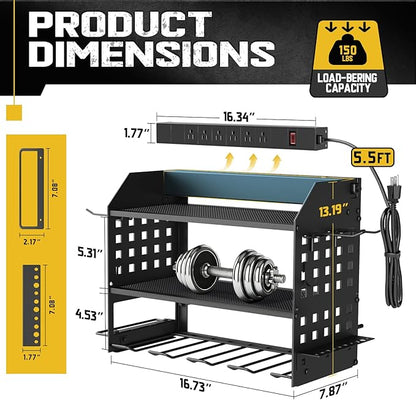 SPACECARE Power Tool Organizer with Charging Station 6 Outlets, 3-Layer Heavy Duty Wall Mount Drill Storage Rack, Cordless Tool with Utility Shelf, Garage Organization and Storage for Workshop- Black