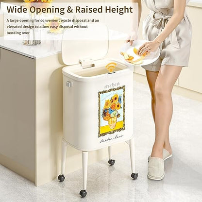 MRBIN Metal Motion Sensor Kitchen Trash Can with Wheel Legs, 36L / 9.5gal Medium Press Lid Slim Waste Basket, Pet Proof Tall Narrow Garbage Pail for Vanity, Bedroom, Bathroom, Living Room, Sunflower