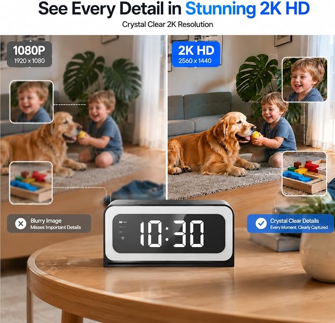 2K Alarm Clock with Camera for Home Security, 5G&2.4GHz WiFi Digital Clock Camera with Color Night Vision, AI Motion Detection, SD/Cloud Storage, Indoor Baby Pet Elderly Monitor