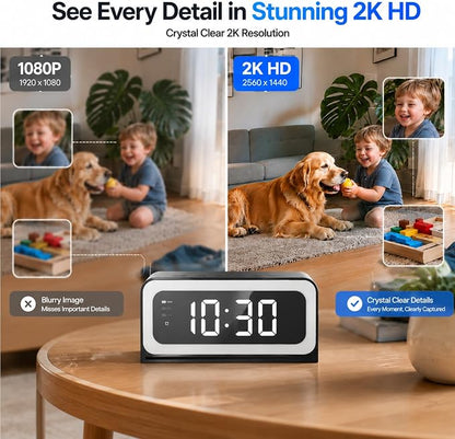 2K Alarm Clock with Camera for Home Security, 5G&2.4GHz WiFi Digital Clock Camera with Color Night Vision, AI Motion Detection, SD/Cloud Storage, Indoor Baby Pet Elderly Monitor