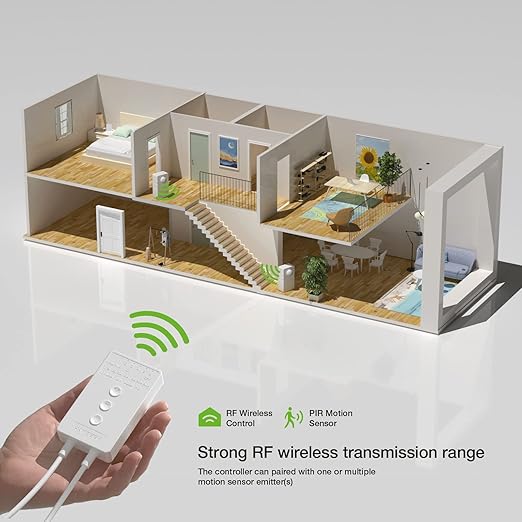 RAYZEEK Wireless Motion Sensor Controller Kit-No Wiring Mini PIR Sensor Switch 12/24VDC RF Wireless Control Led Strip Lights with Dimmable,Timer for Stairway(1 ×Controller+2 ×Motion Sensor)