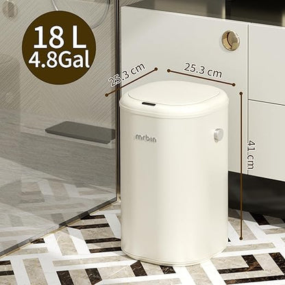 MRBIN Adsorption Metal Kitchen Motion Sensor Trash Can Removable, 18L / 4.8gal Automatic Absorbing Bag Lidded Garbage Bin with Wheels, Commercial Waste Basket for Office and Bedroom, Bathroom, White