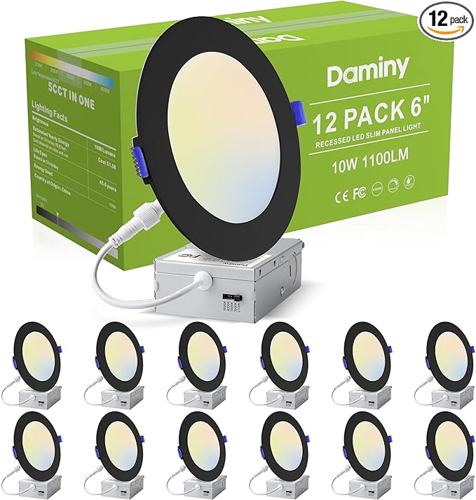 DAMINY 12 Pack 6 Inch Black LED Recessed Lighting with Junction Box,5CCT,Ultra-Thin Recessed Light,10W 1100LM, Dimmable Canless Wafer Ceiling Light, High Brightness