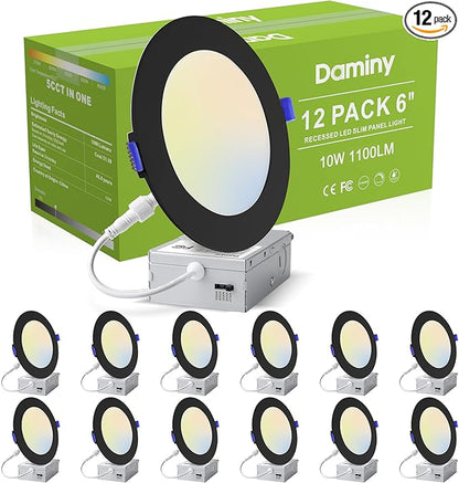 DAMINY 12 Pack 6 Inch Black LED Recessed Lighting with Junction Box,5CCT,Ultra-Thin Recessed Light,10W 1100LM, Dimmable Canless Wafer Ceiling Light, High Brightness