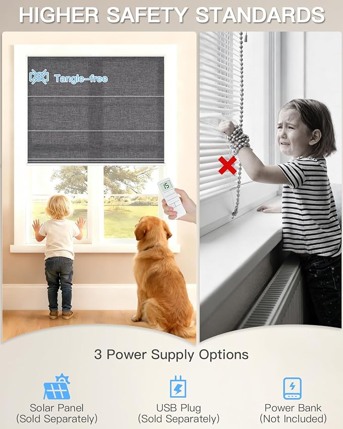 Motorized Roman Shades for Windows, Custom Light Filtering Roman Blinds with Remote, Smart Privacy Window Shades for Living Room Kitchen Office, Alexa & Google Home Compatible, App Control via RF Hub