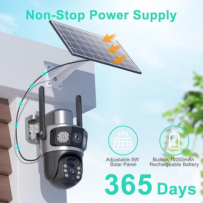 SANSCO 2K Dual Lens Solar Security Camera Wireless Outdoor, 2.4G & 5G WiFi, 360° PTZ Home Security Camera, 100% Wired Free, Spotlight Color Night Vision, 2-Way Audio, PIR Motion Detection, APP Alerts