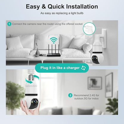Hawkray Light Bulb Security Camera Wireless Outdoor Indoor-5&2.4GHz Dual Band WiFi,360° Pan-Tilt,2K Color Night Vision,Motion Detection & Siren Alarm,Two-Way Audio