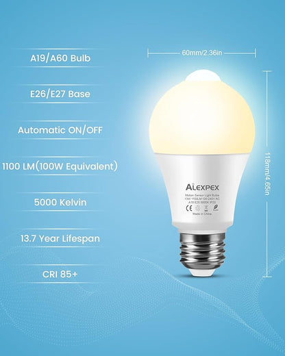 3 Pack Motion Sensor LED Bulbs, 13W 1100lm Dusk-Dawn Lights, A19 E26 2700K Indoor LED Lighting, Motion Activated for Porche, Hallway, Storage Room, Entryway, Closet-100W Equivalent Warm White