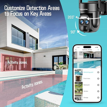 4K Dual Lens Solar Security Cameras Wireless Outdoor, 2.4G/5Ghz WiFi 6 Security Camera, 355° Pan/Tilt Home Security Camera with 8MP Color Night Vision, PIR Motion Detection, Auto Tracking, Alexa