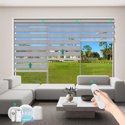 Motorized Zebra Blinds with Remote [Dual Layer + Light Filtering] 95% Blackout Smart Shades for Indoor Windows, Alexa Google and HomeKit Compatible, Customized Size, Equinox Silver