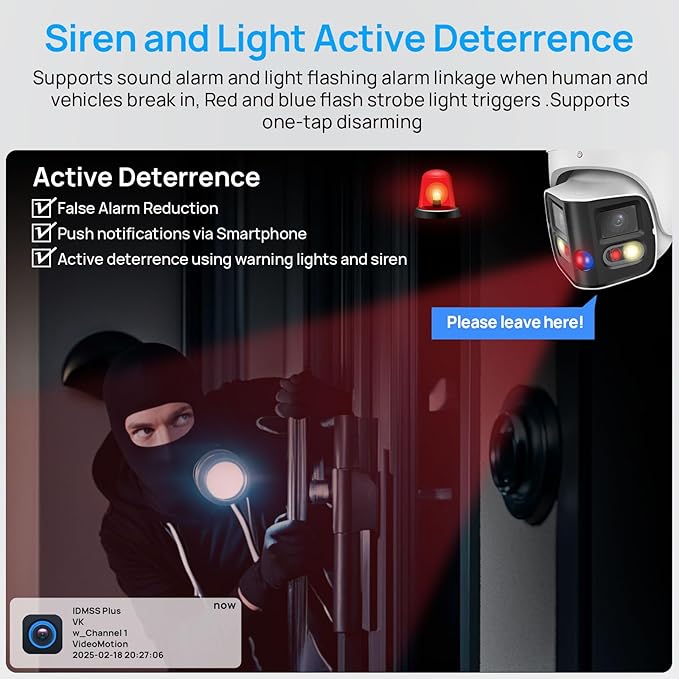 VIKYLIN Security Camera Outdoor 4K Full-Color 2×4MP Dual-Lens 1/1.8" CMOS Smart Splicing IP POE Camera Outputs 180° Wide Angle, Two-Way Talk,Active Detterence,SMD4.0,IVS,EPTZ,DMSS/SmartPss Lite