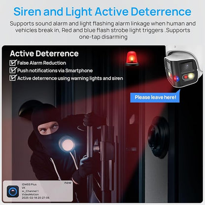 VIKYLIN Security Camera Outdoor 4K Full-Color 2×4MP Dual-Lens 1/1.8" CMOS Smart Splicing IP POE Camera Outputs 180° Wide Angle, Two-Way Talk,Active Detterence,SMD4.0,IVS,EPTZ,DMSS/SmartPss Lite