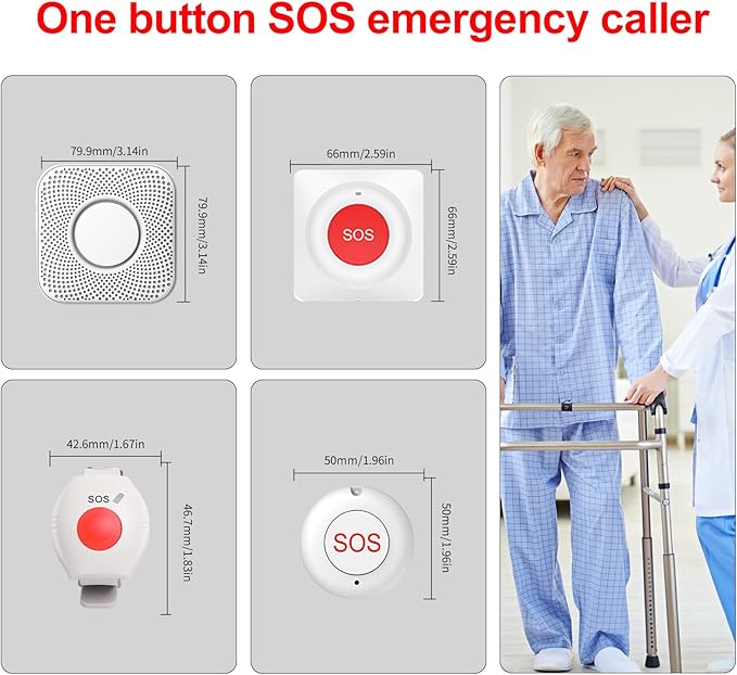 XUK Wireless Caregiver Pager Smart Call System for Elderly Monitoring SOS Alert System Portable Alarm with 1 SOS Call Panic Buttons & 1 Watch Pagers & 1 Square Pull Cord Pagers, 500+Feet 1 Receivers
