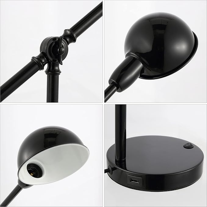 JONATHAN Y Curtis Task Lamp 20.25" Industrial Metal Adjustable USB, Black | Vintage Style, Dome Shade, LED Bulb Included, Perfect for Home Office or Nightstand