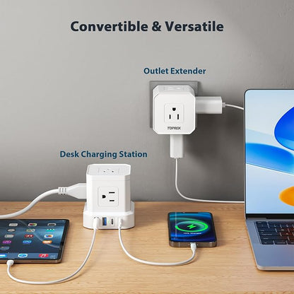 Power Strip with USB, TOPREK Power Strip Tower with 9 Outlets, 2 USB-C, 2 USB-A, Convertible Outlet Extender & Desk Charging Block, 6.5 FT Flat Plug Extension Cord for Home Office, Kitchen 1625W/13A