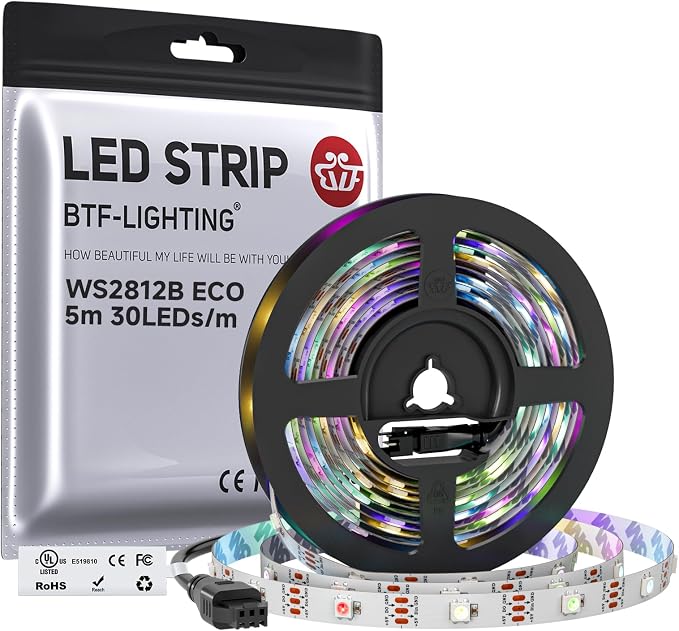 BTF-LIGHTING WS2812B ECO RGB LED Strip,UL Listed,Individually Addressable,16.4FT 30LED/m 150Pixel DC5V 5050SMD,Alloy Wire Flexible 3M Tape for DIY Chasing Color Project IP30(No Adapter or Controller)