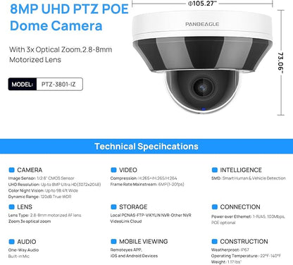 PANOEAGLE 4K 8MP 3X Optical Zoom PTZ Camera Outdoor