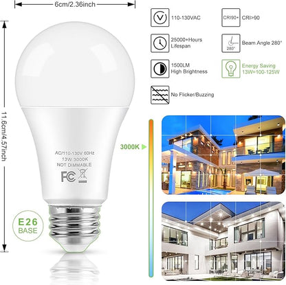 LED Light Bulbs, 100 Watt Equivalent A19 LED Bulbs, 13W 3000K Soft White 1500 Lumens Non-Dimmable Bright E26 Edison Medium Screw Bulbs for Home Bedroom Kitchen Living Room Office Lamp, 4-Pack