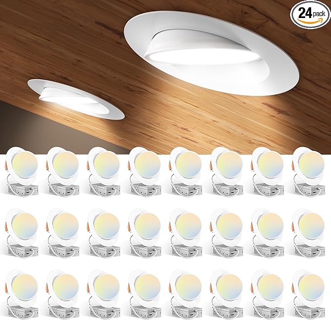 Amico 24 Pack 6 Inch 5CCT Gimbal LED Recessed Lighting, 360°&90° Adjustable Eyeball Directional Downlight, Dimmable, 2700K/3000K/3500K/4000K/5000K Selectable, CRI90+ 12W 1200LM, ETL&FCC