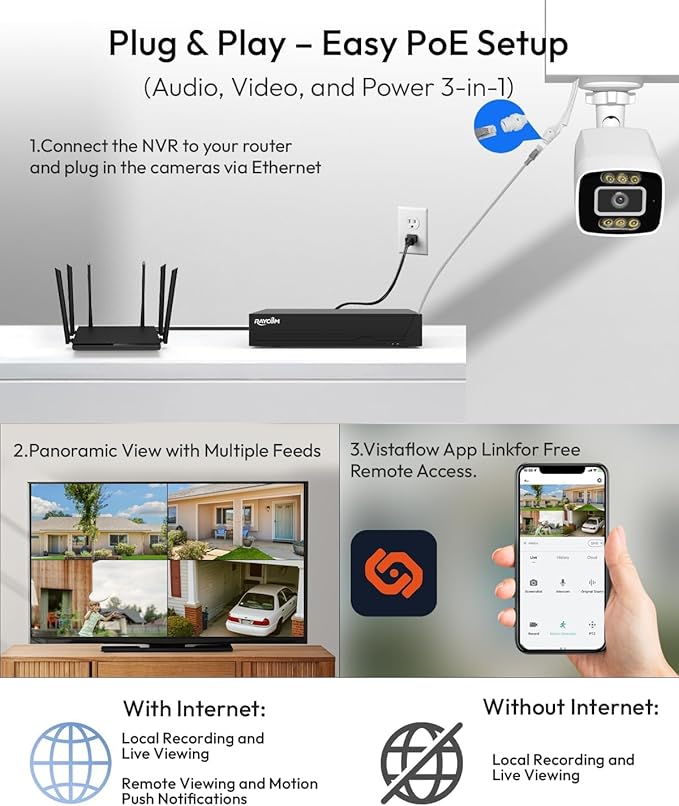 PoE Security Camera System, 6pcs Wired 3MP Outdoor IP Cameras with Color Night Vision, AI Human Detection, Two-Way Audio, 4K 8CH NVR with 3TB HDD for 24-7 Recording, No Monthly Fee
