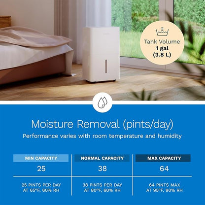 hOmeLabs Dehumidifier 3,500 Sq Ft Wi-Fi (25 Pint MAX 64 Pint at 95°F, 90% RH) for Advanced Humidity & Moisture Control, Quiet, Efficient, Auto Shut-off, Ideal for Home, Basement, Office