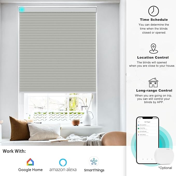 Changshade Motorized Cellular Shades with Remote Control Automatic for Indoor Windows Doors, Smart Blackout Blinds Auto Electric Power, Custom Size Honeycomb Blind Work with Alexa, Google Home, Grey
