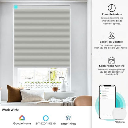 Changshade Motorized Cellular Shades with Remote Control Automatic for Indoor Windows Doors, Smart Blackout Blinds Auto Electric Power, Custom Size Honeycomb Blind Work with Alexa, Google Home, Grey