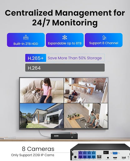 ZOSI 4K PoE Security Camera System,True Full Color Night Vision,Person Vehicle Detection,2 Way Audio,8pcs 4K C186 Aurora Lux Outdoor Indoor Wired Cameras,8MP 8CH NVR with 2TB HDD for 24/7 Recording