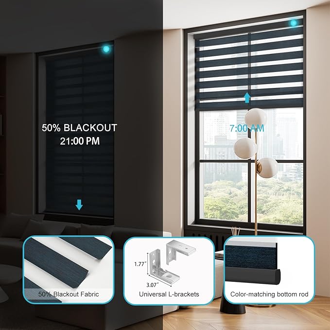 Motorized Zebra Blinds with Remote Smart Blind Work with Homekit Alexa SmartThings Electric Day and Night Shade Cordless Automatic Solar Powered Window Shade Customize(Starry Dark Blue)
