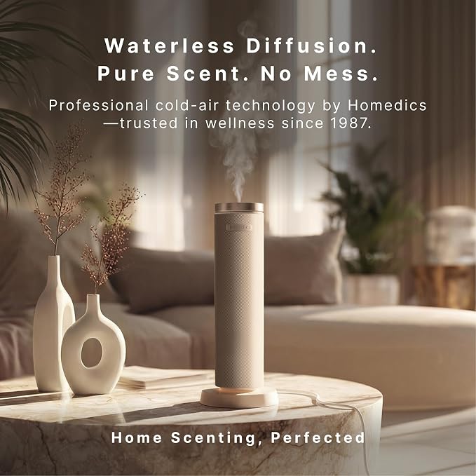 Homedics SereneScent Waterless Diffuser, Cold Air Scent Machine for Home | Diffuser for Large Rooms, App-Controlled Fragrance Diffuser with Timer and Ambient Lights, Beige