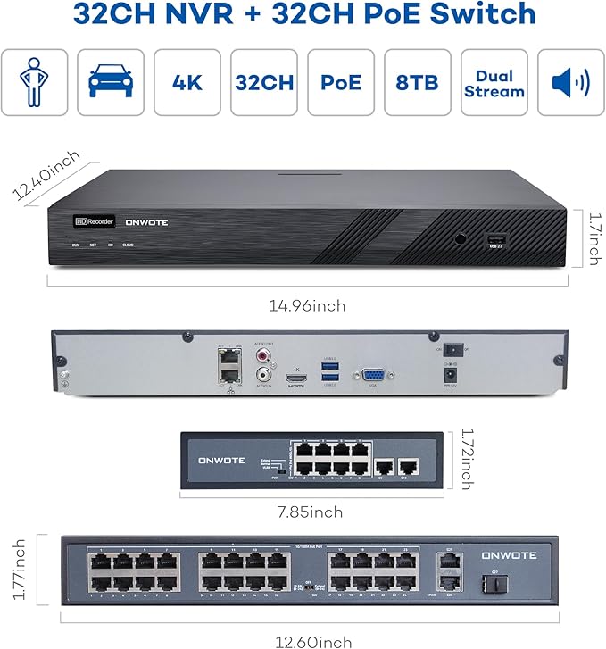 ONWOTE 32 Channel Security Camera System PoE, 12MP 32CH NVR 8TB, 32 Ports Switch, 24x 6MP Outdoor Audio PoE IP Cameras, AI Human Vehicle Detection, 24x Cables-2280ft, Commercial CCTV for Business