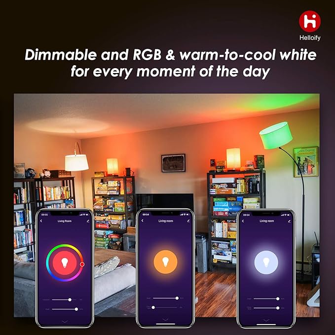 Helloify A19 LED Smart, WiFi Light Bulb Compatible with Alexa Google Home, RGBCW Color Changing, Cool Warm White Dimmable, No Hub Required, 60W Equivalent, RGB+2700K-6500K, 4 Count (Pack of 1)