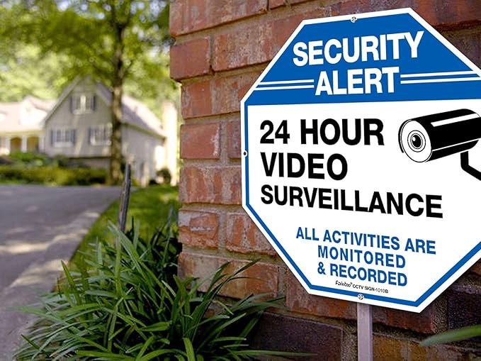 (4 Pack)"Security Alert - 24 Hour Video Surveillance, All Activities Monitored" Signs,10 x 10 .040 Aluminum Reflective Warning Sign for Home Business CCTV Security Camera, Indoor or Outdoor Use,Blue