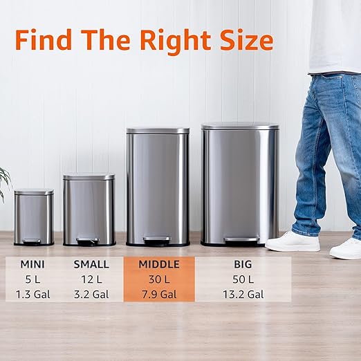 Amazon Basics MEDIUM Trash Can, 7.9 Gallon (30L), Smudge Resistant Rectangular Bin with Soft-Close Lid, Step Foot Pedal, Removable Inner Bucket, Brushed Stainless Steel, Satin Nickel Finish