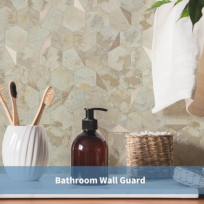 20 Sheets Hexagon Peel and Stick Backsplash for Kitchen Wall, Heat Resistant Stick on Backsplash PVC Smart Tiles, 12'' Ecru Beige Stone Waterproof Peel and Stick Tile for Bathroom